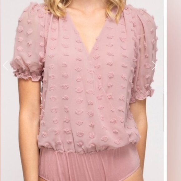 She + Sky Made You Look Dotted Swiss One Piece Bodysuit Top Size L Mauve Pink - Picture 1 of 10